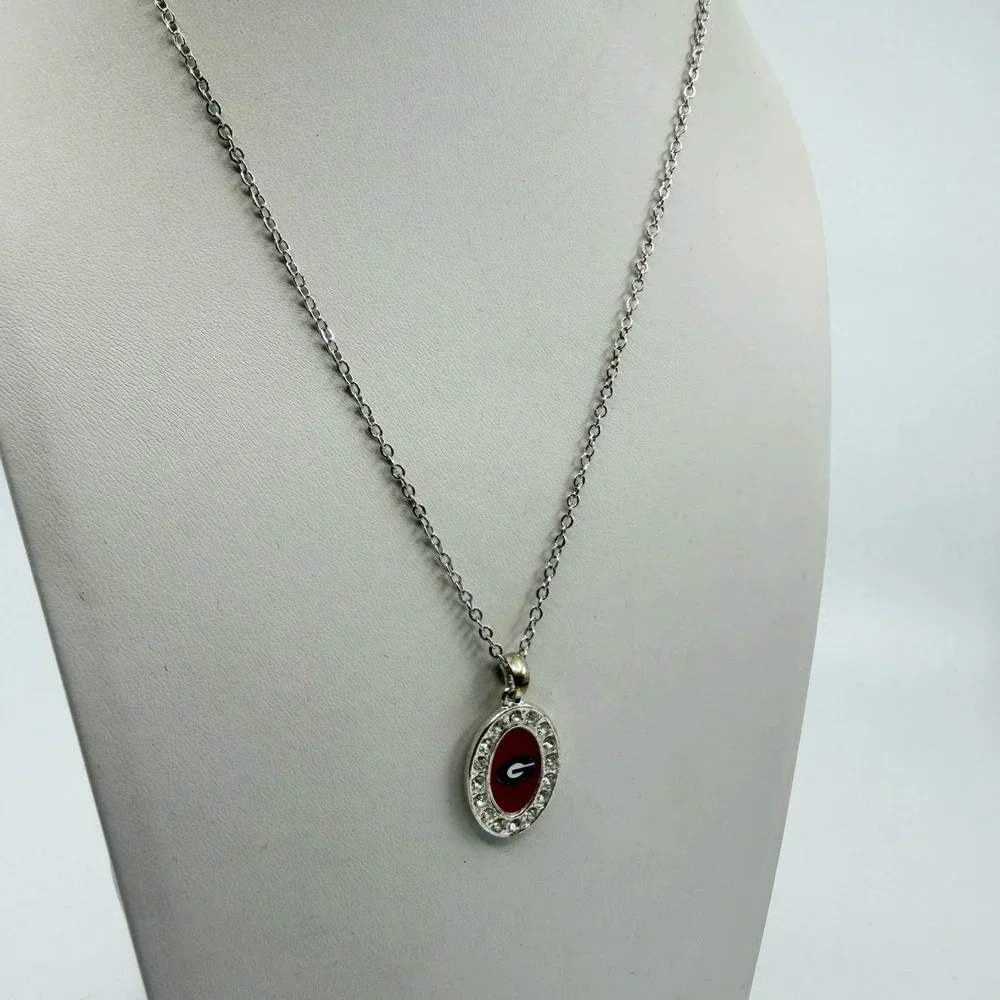 Georgia Bulldogs Sports Logo Oval Pendant Necklace Silver Tone Crystal Accent